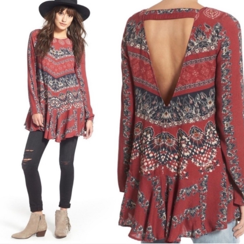 Free People Smooth Talker Paisley Print Boho Long Sleeve Tunic Mini Dress